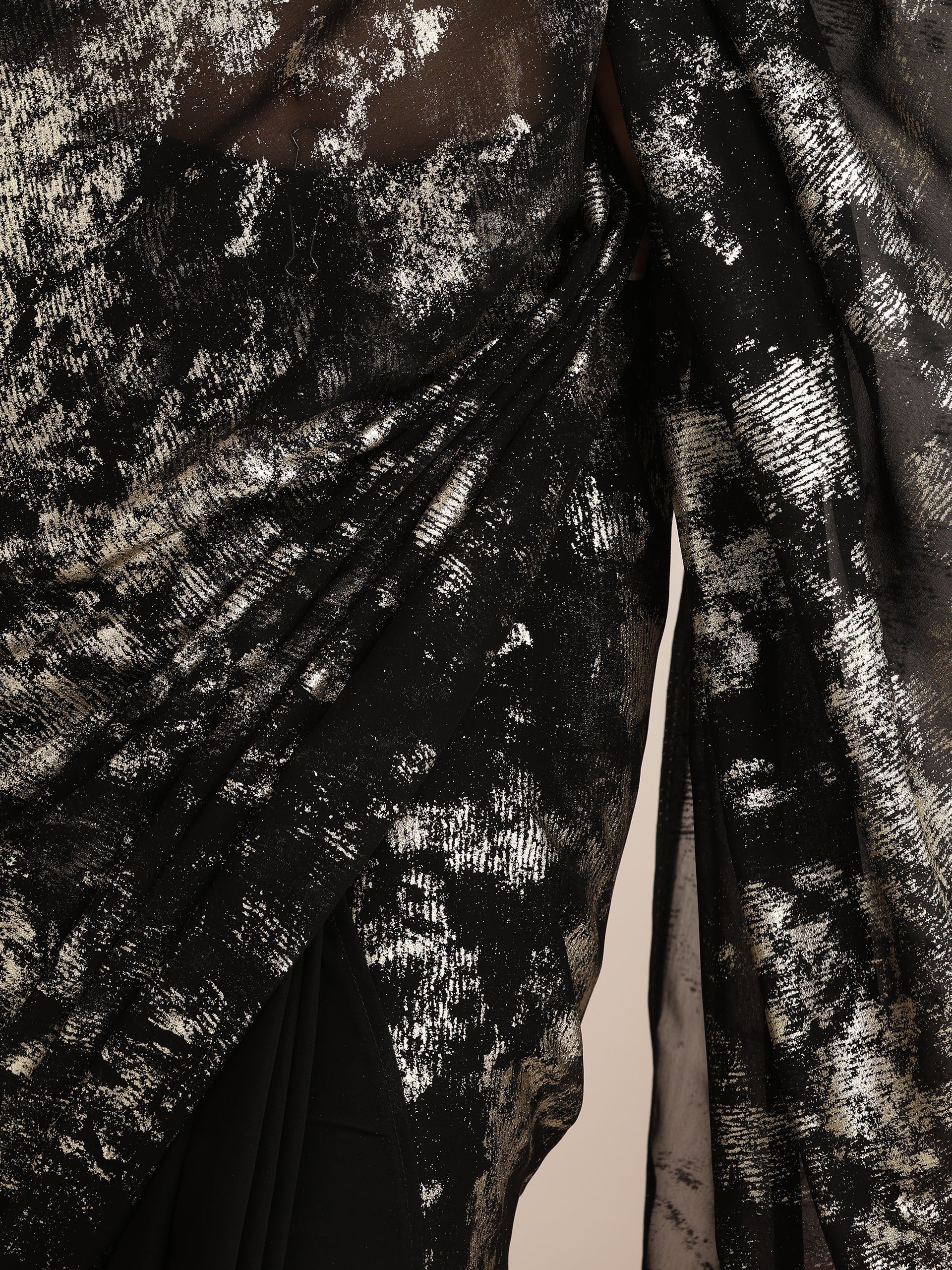 Black Georgette Saree with Gold Print & Blouse Fabric