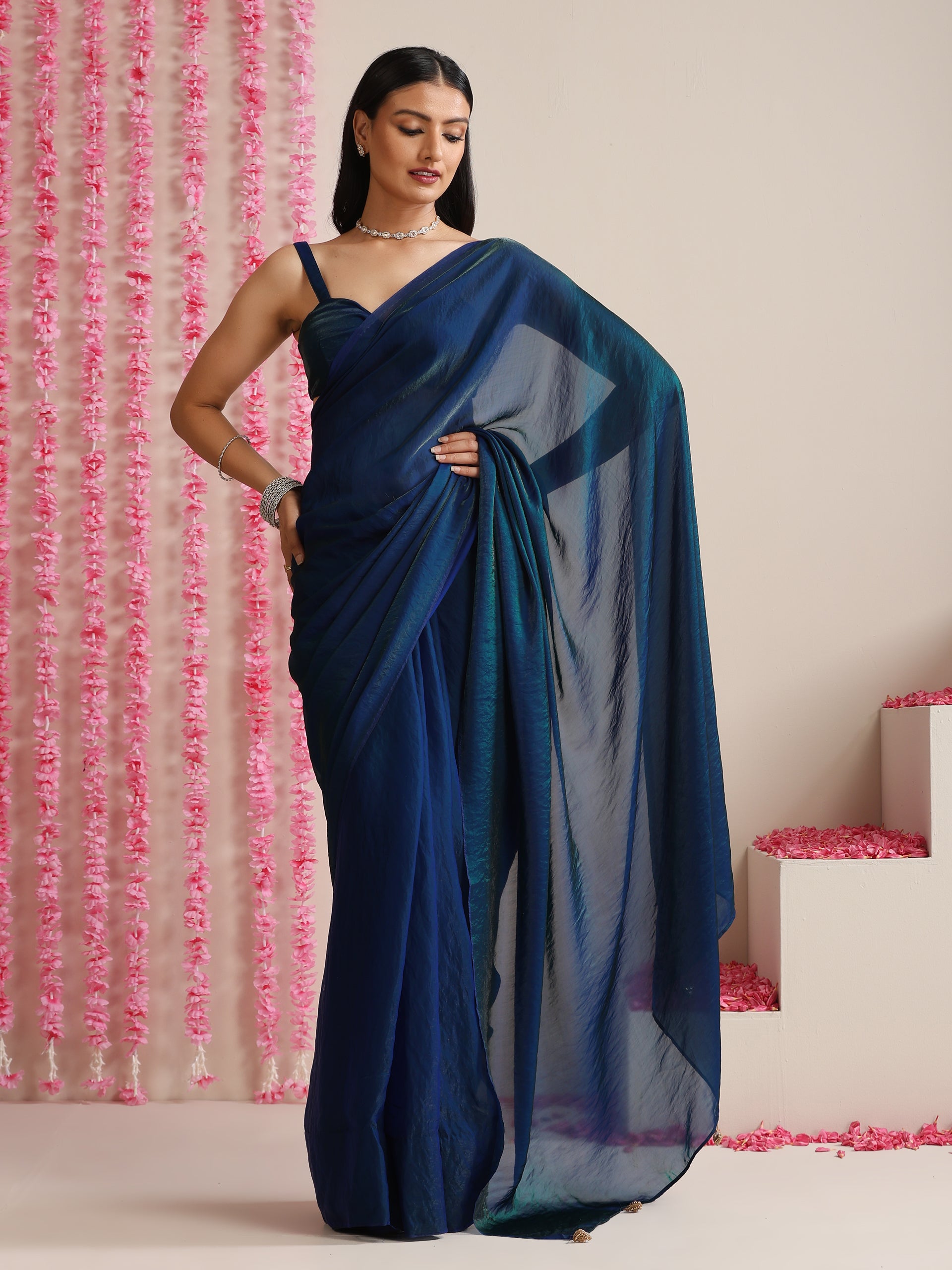 Peacock Dual Shade Dark Blue Metallic Satin Saree with Tassels & Matching Blouse Fabric