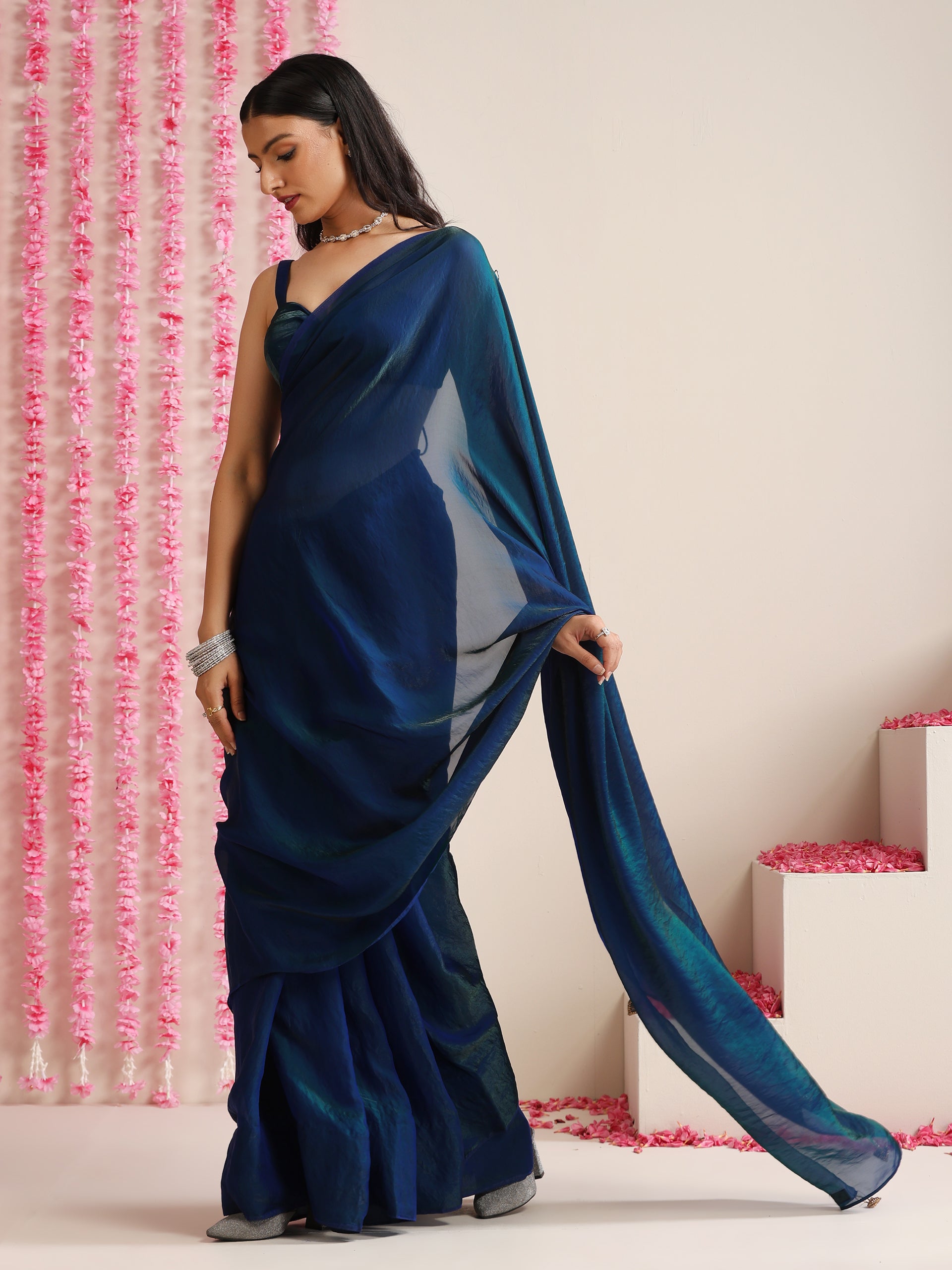 Peacock Dual Shade Dark Blue Metallic Satin Saree with Tassels & Matching Blouse Fabric