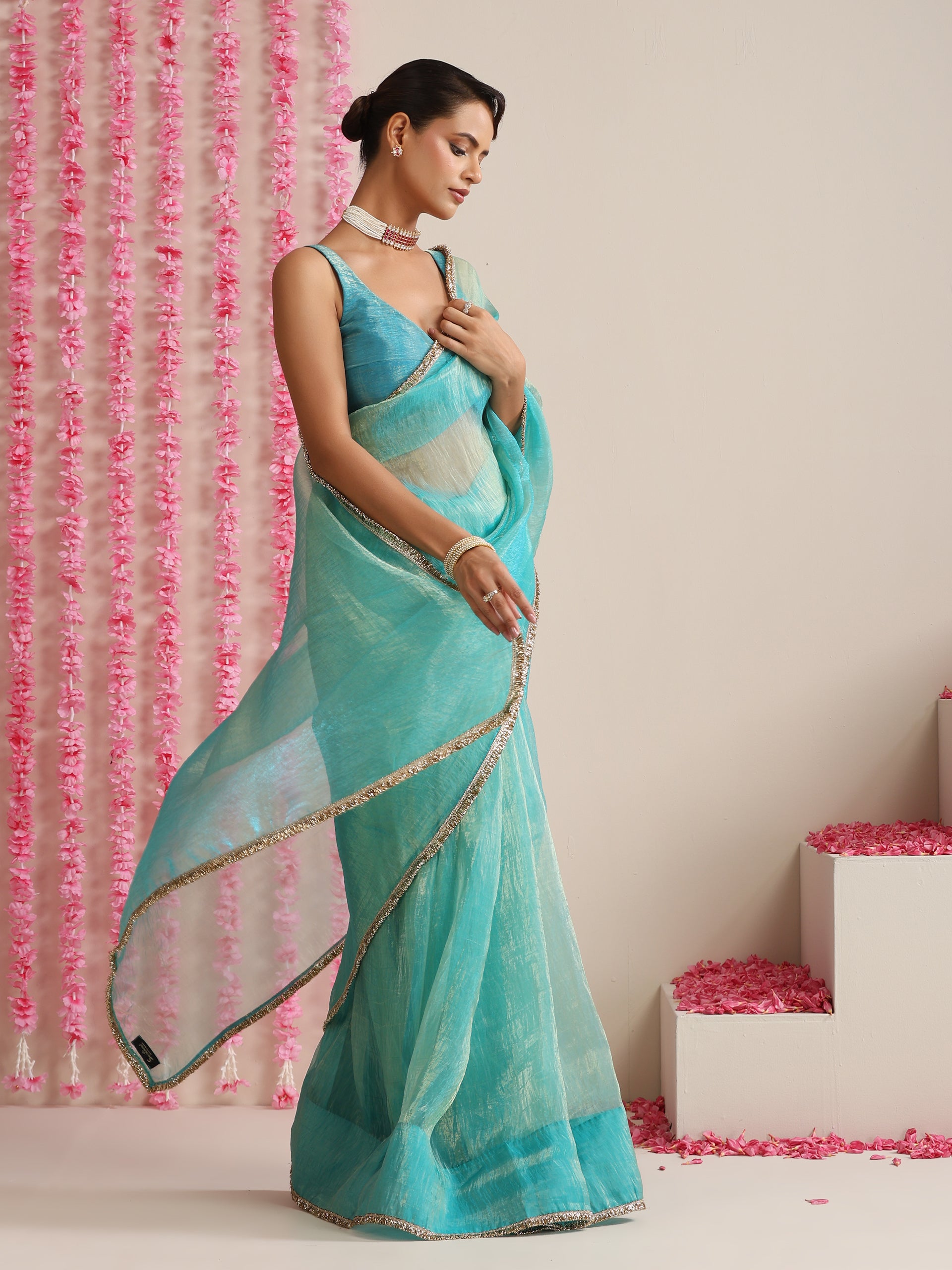 Sky Magic Metallic Chiffon Blue Saree with Lace Edge