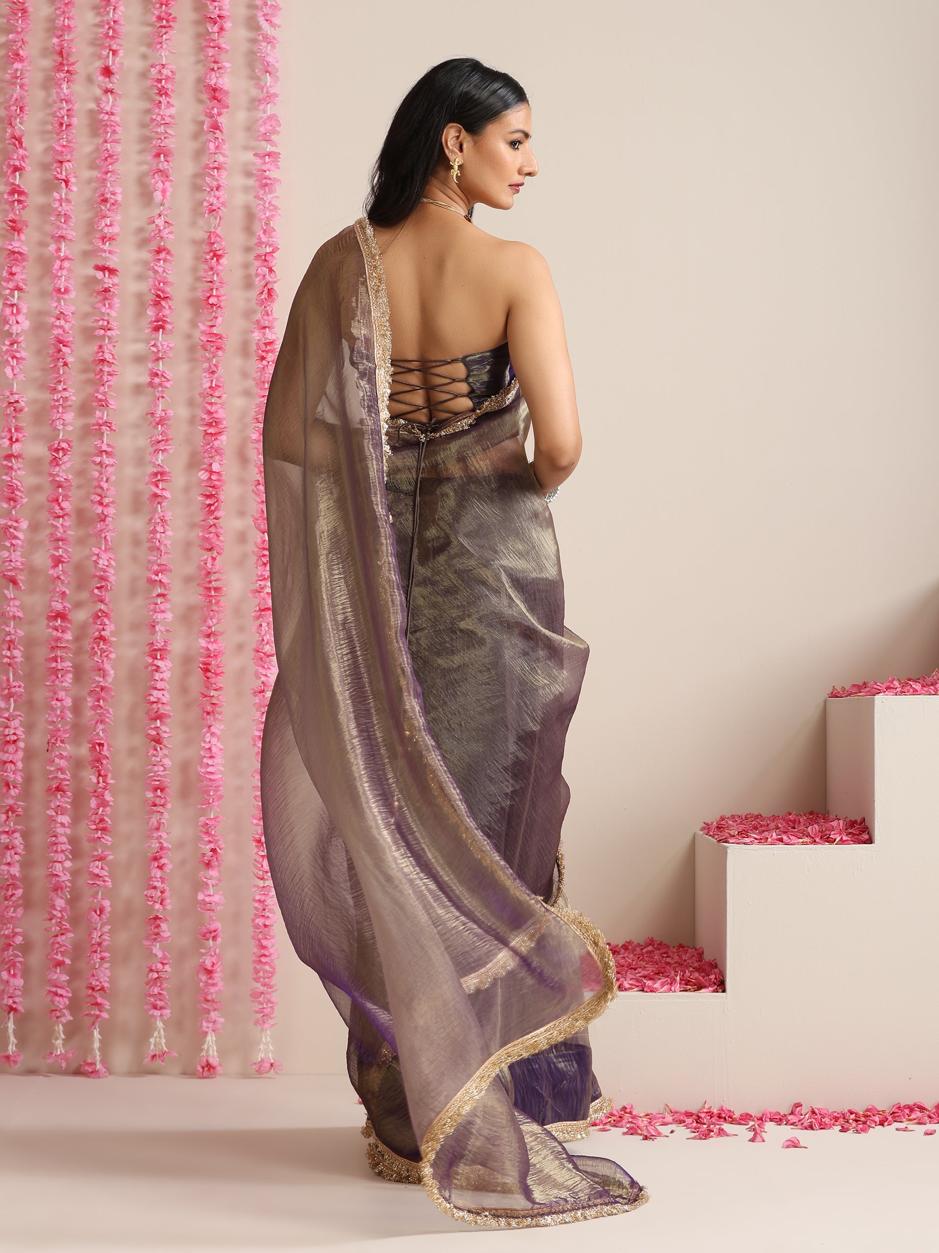 Purple Magic Saree – Metallic Chiffon with Lace Edge & Matching Blouse Fabric