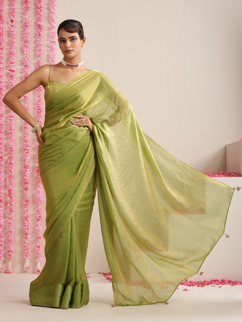 Mehndi Muse Saree – Metallic Satin Drape with Pendant Tassels & Self Blouse Fabric