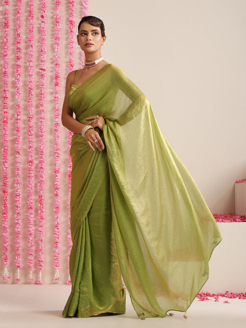 Mehndi Muse Saree – Metallic Satin Drape with Pendant Tassels & Self Blouse Fabric