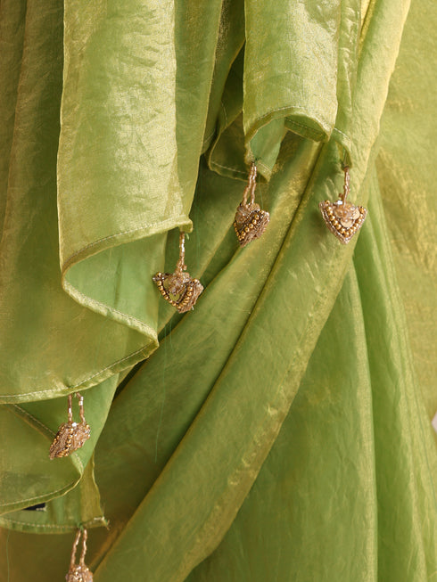 Mehndi Muse Saree – Metallic Satin Drape with Pendant Tassels & Self Blouse Fabric
