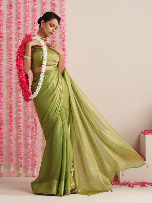 Mehndi Muse Saree – Metallic Satin Drape with Pendant Tassels & Self Blouse Fabric