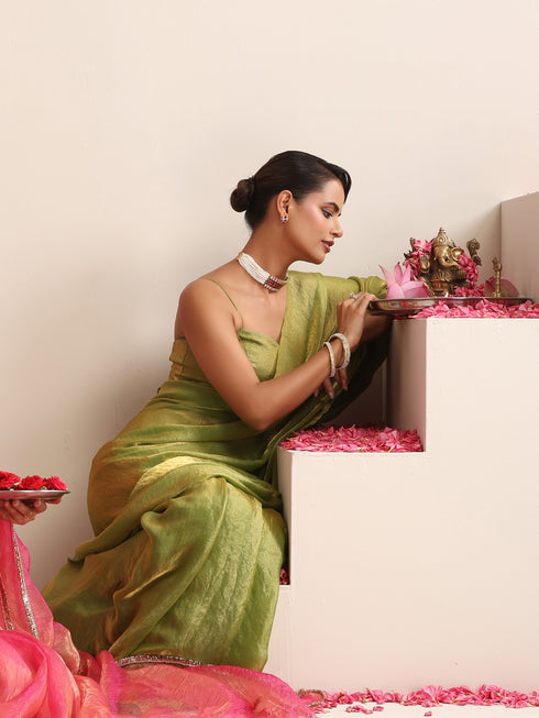 Mehndi Muse Saree – Metallic Satin Drape with Pendant Tassels & Self Blouse Fabric