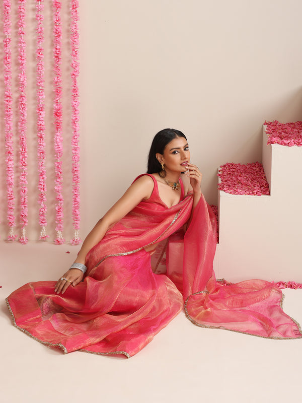 Pink Magic Saree – Metallic Chiffon Drape with Lace Border & Blouse Fabric