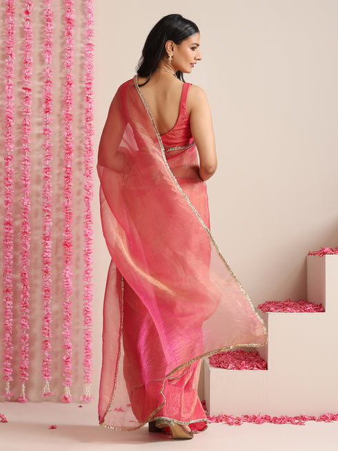 Pink Magic Saree – Metallic Chiffon Drape with Lace Border & Blouse Fabric