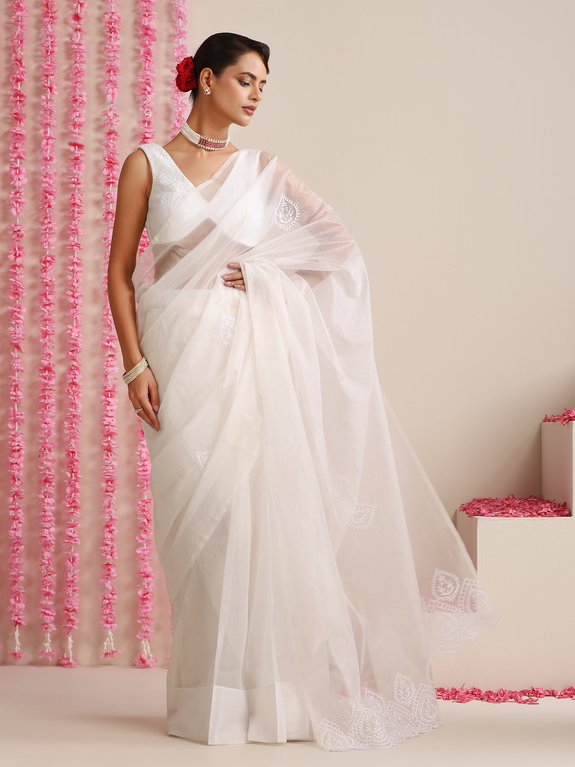 Sleek White Organza Embroidered Saree with Matching Embroidered Blouse Fabric