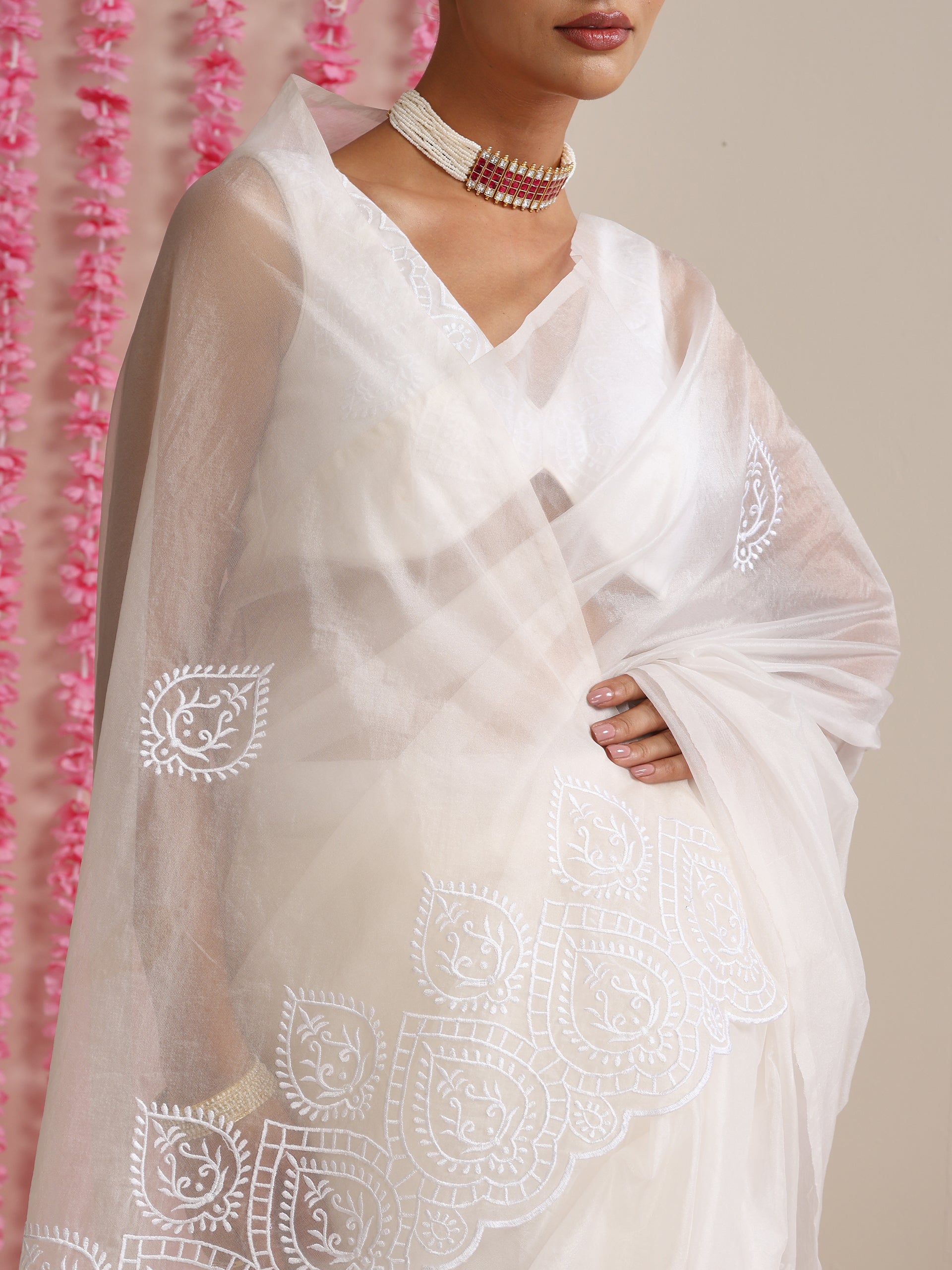 Sleek White Organza Embroidered Saree with Matching Embroidered Blouse Fabric