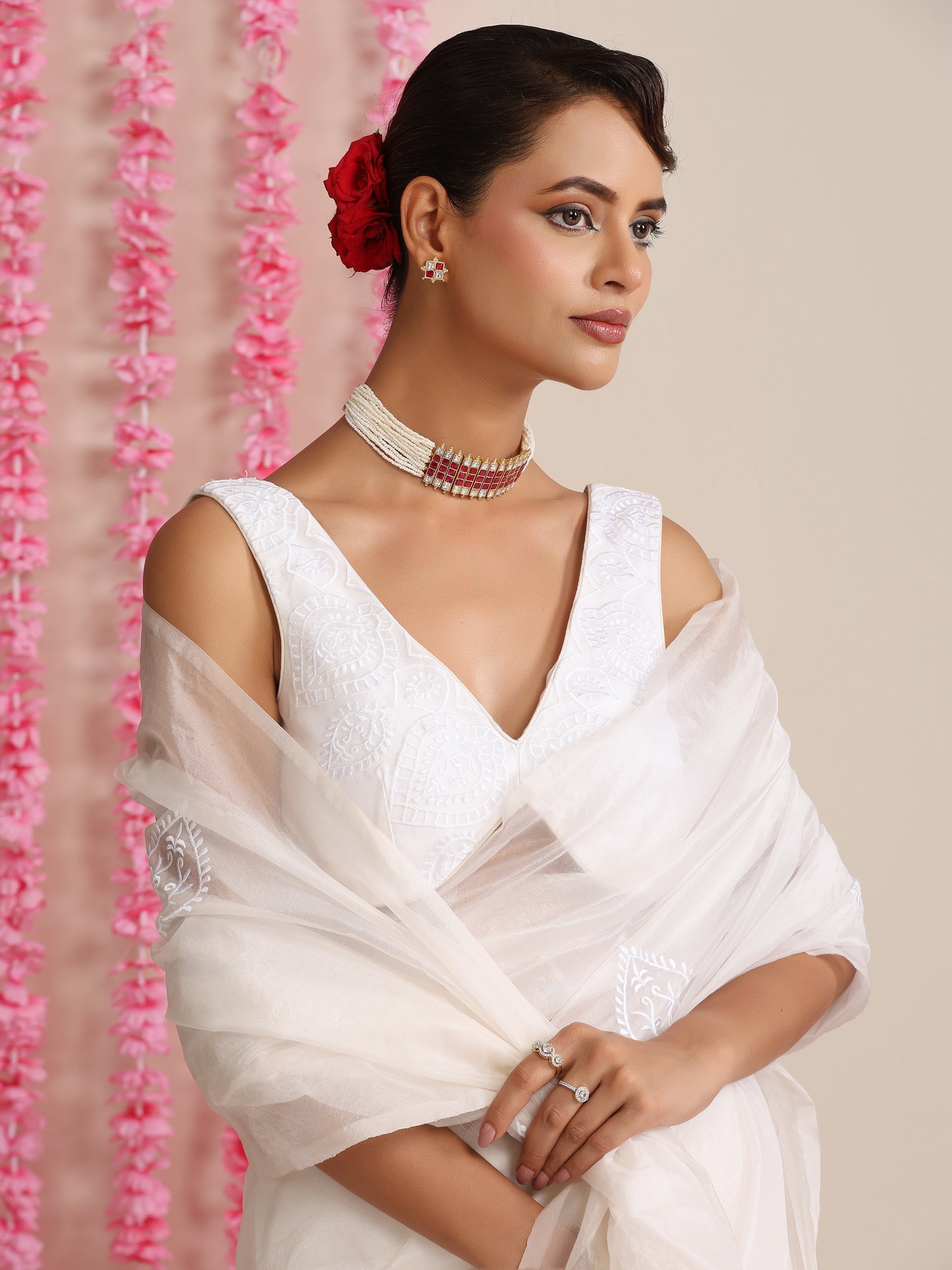 Sleek White Organza Embroidered Saree with Matching Embroidered Blouse Fabric