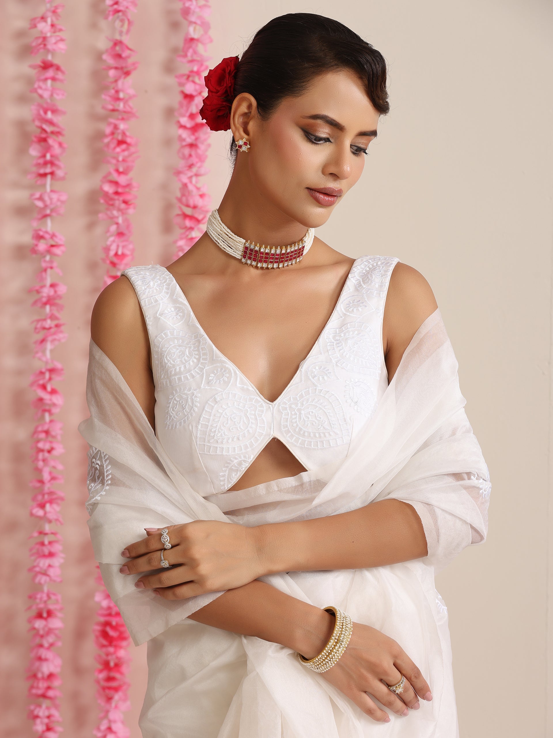 Sleek White Organza Embroidered Saree with Matching Embroidered Blouse Fabric