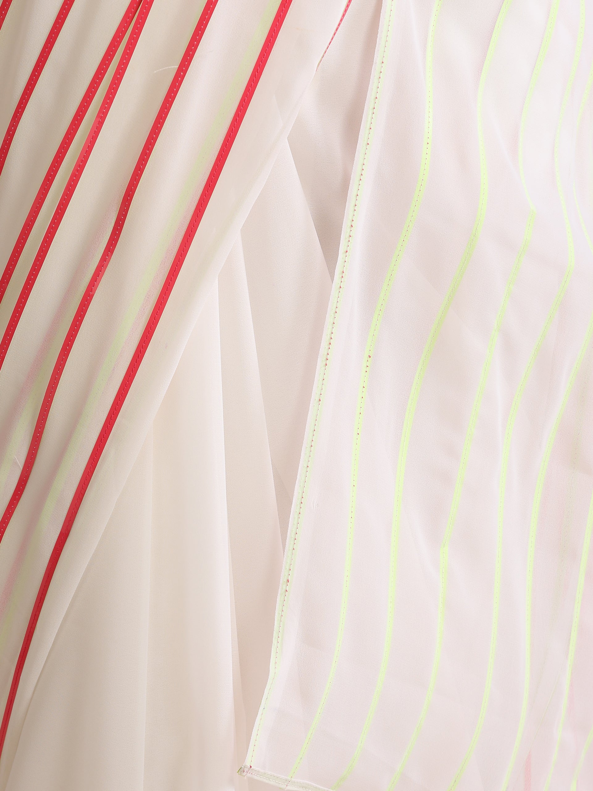 White and Dual Neon Green Pink Impression Georgette Saree with Blouse Fabric