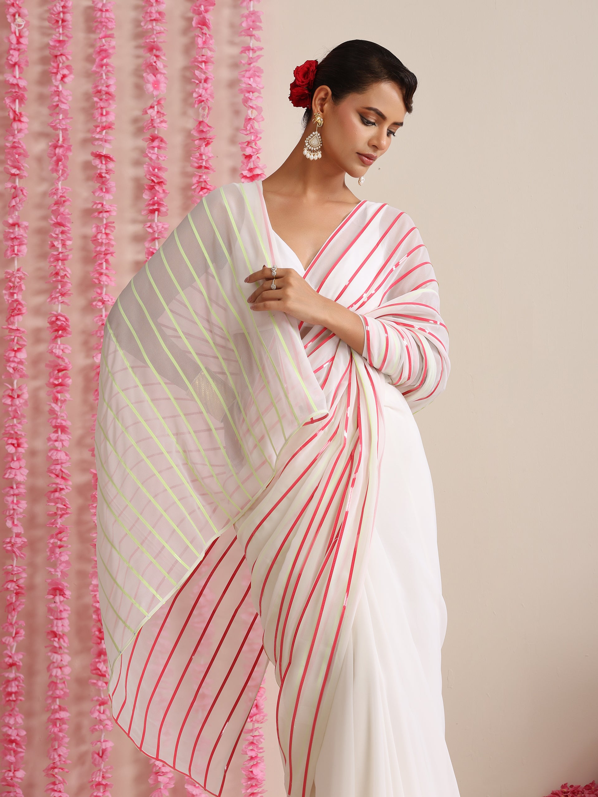 White and Dual Neon Green Pink Impression Georgette Saree with Blouse Fabric