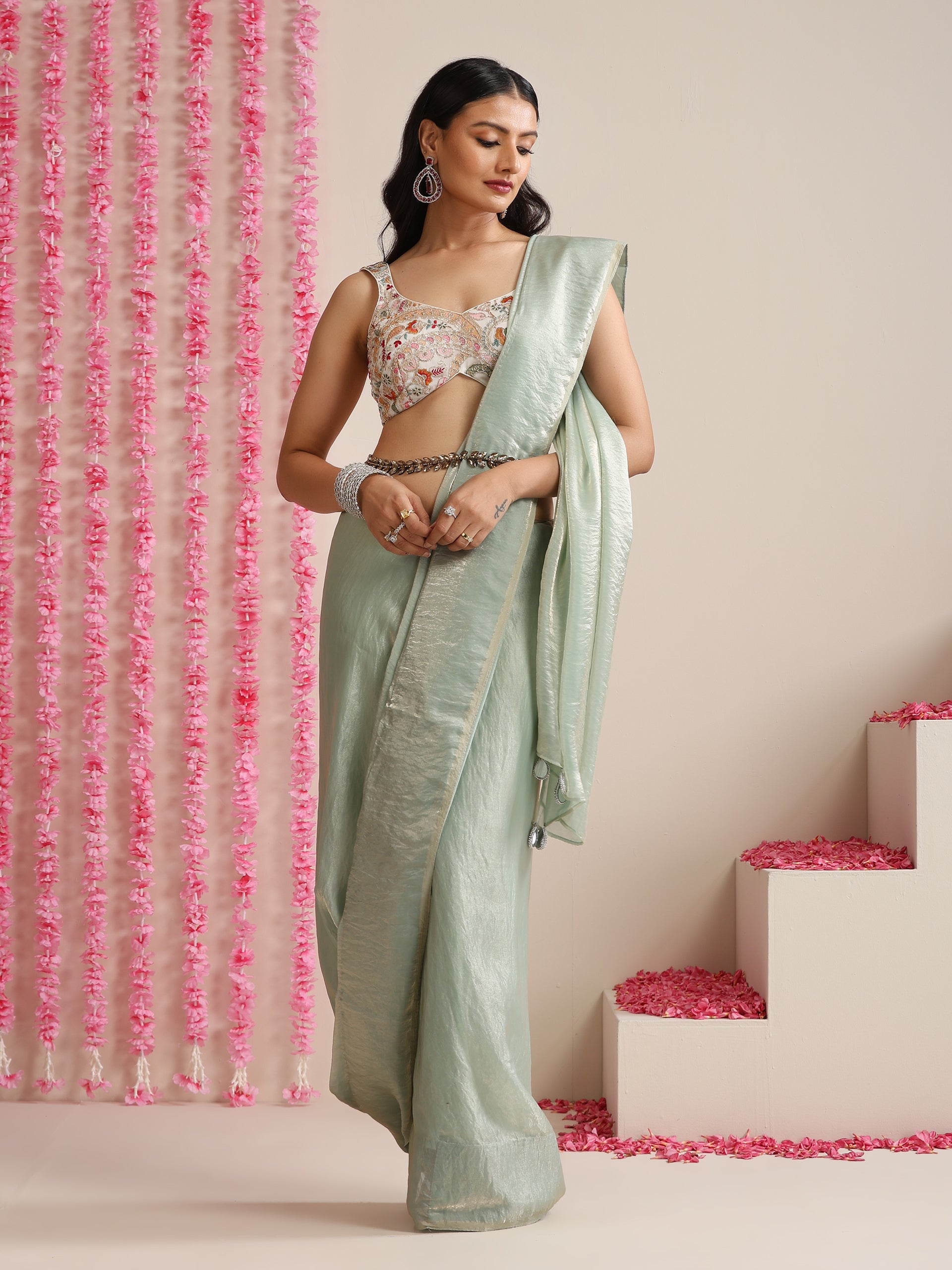 Light Blue Dual Shade Metallic Satin Saree with Pendants and Self Blouse fabric