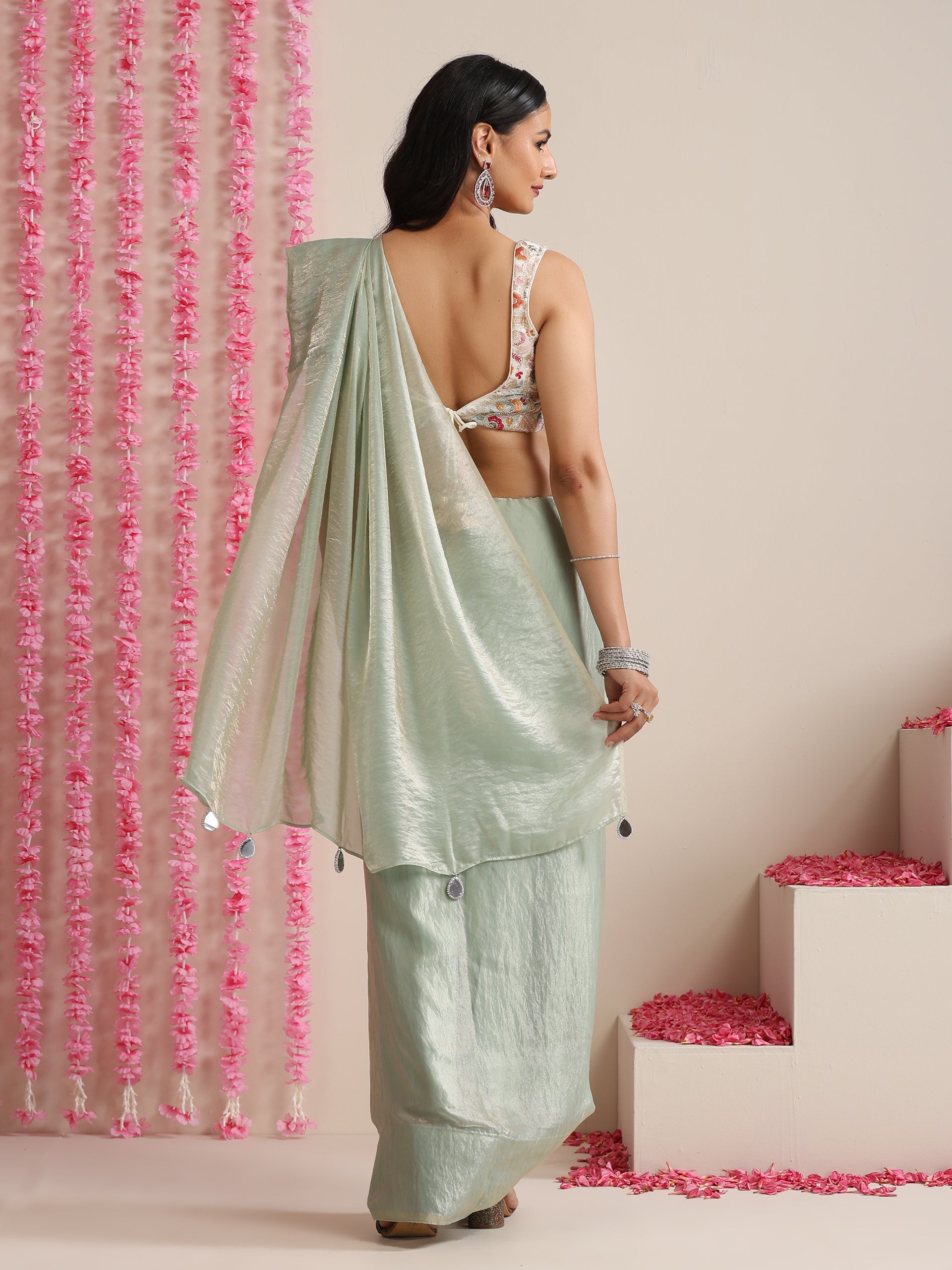 Light Blue Dual Shade Metallic Satin Saree with Pendants and Self Blouse fabric