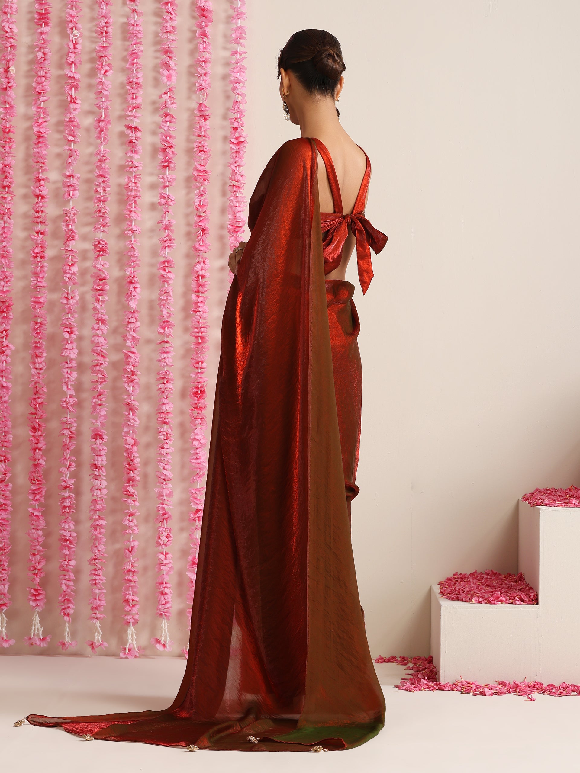 Dual Shade Copper Red Metallic Satin Saree with Tassels & Matching Blouse Fabric