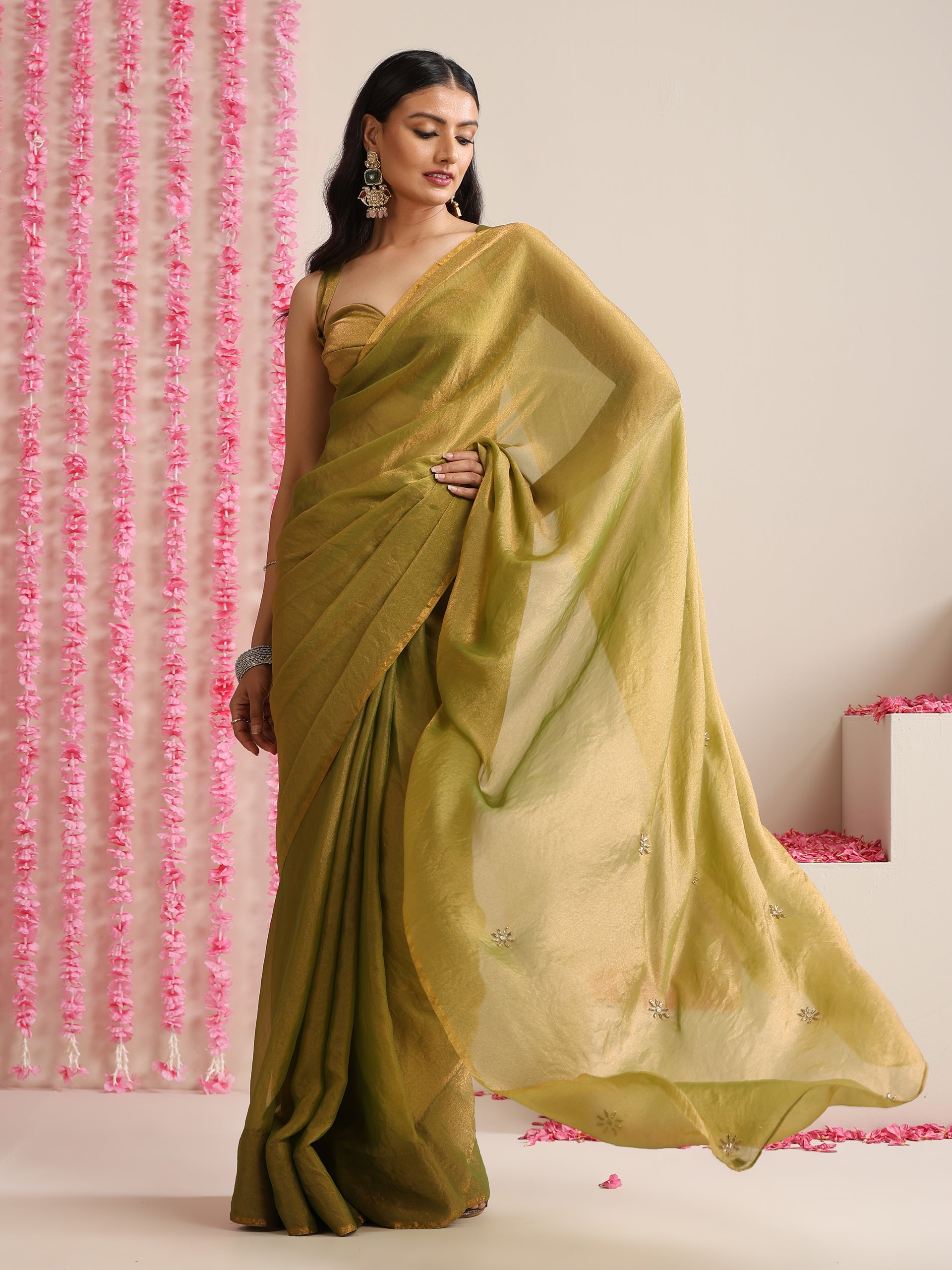 Olive Metallic Chiffon Saree with Kundan Work