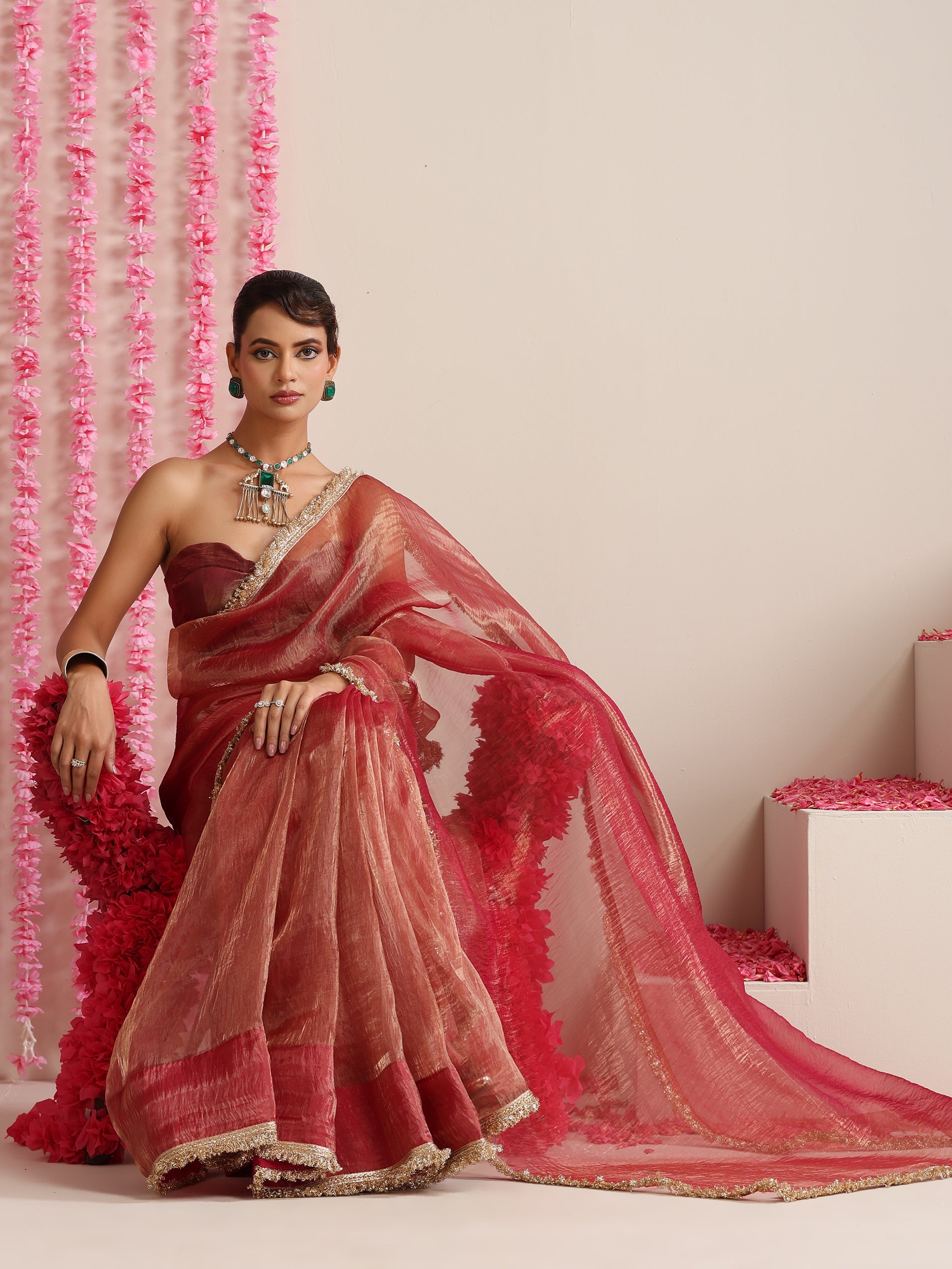 Red Magic Saree – Metallic Chiffon with Lace Edge & Matching Blouse Fabric