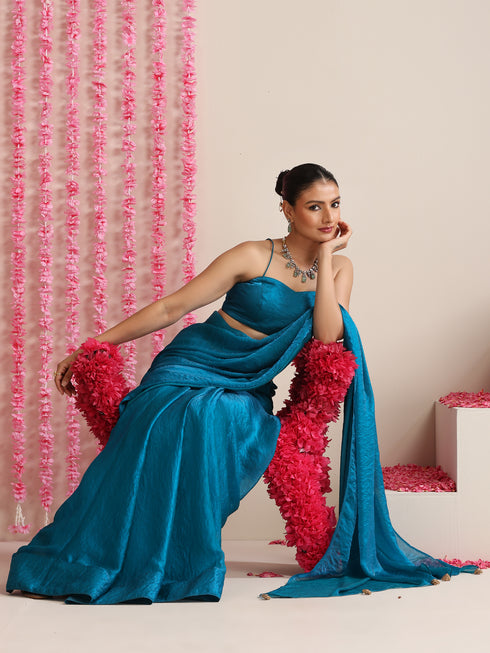 Topaz Blue Dual Shade Metallic Satin Saree with Tassels & Matching Blouse Fabric