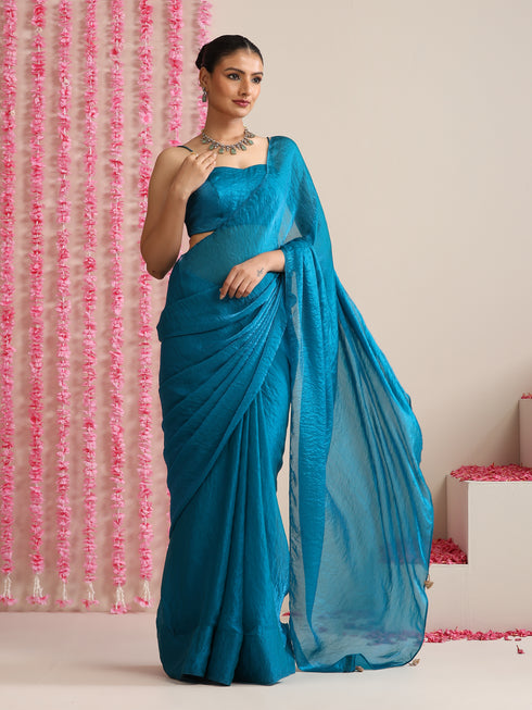 Topaz Blue Dual Shade Metallic Satin Saree with Tassels & Matching Blouse Fabric