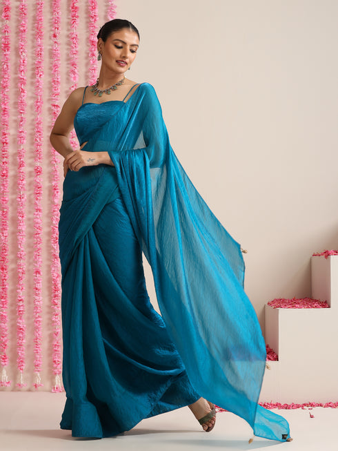 Topaz Blue Dual Shade Metallic Satin Saree with Tassels & Matching Blouse Fabric
