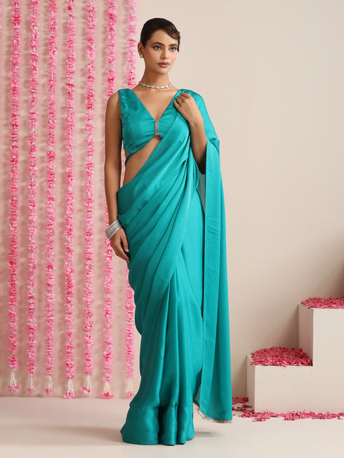 Jade Solid Satin Saree with Glamorous Lace and Blouse Fabric