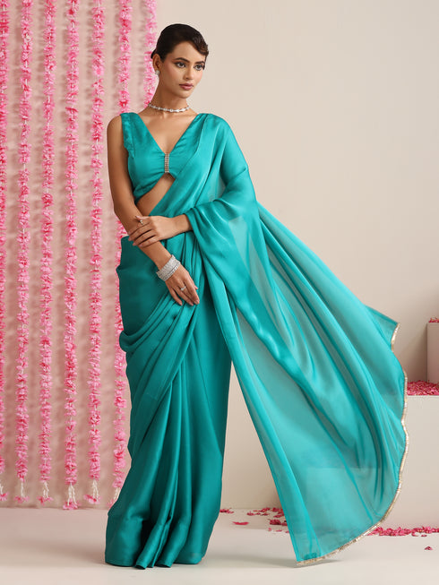 Jade Solid Satin Saree with Glamorous Lace and Blouse Fabric