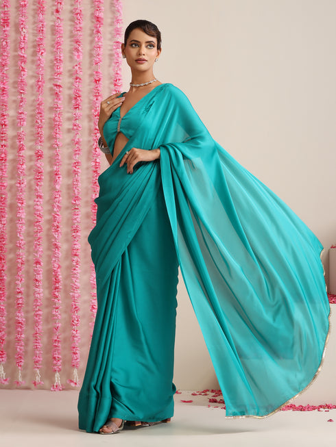 Jade Solid Satin Saree with Glamorous Lace and Blouse Fabric