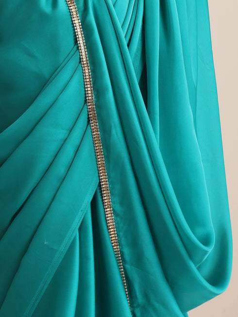 Jade Solid Satin Saree with Glamorous Lace and Blouse Fabric