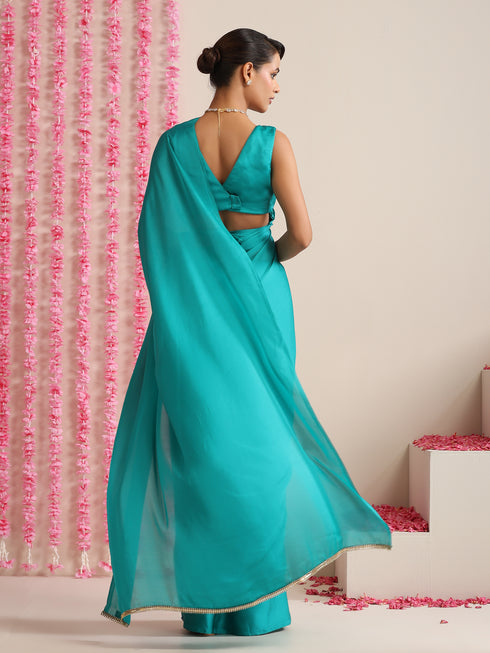 Jade Solid Satin Saree with Glamorous Lace and Blouse Fabric