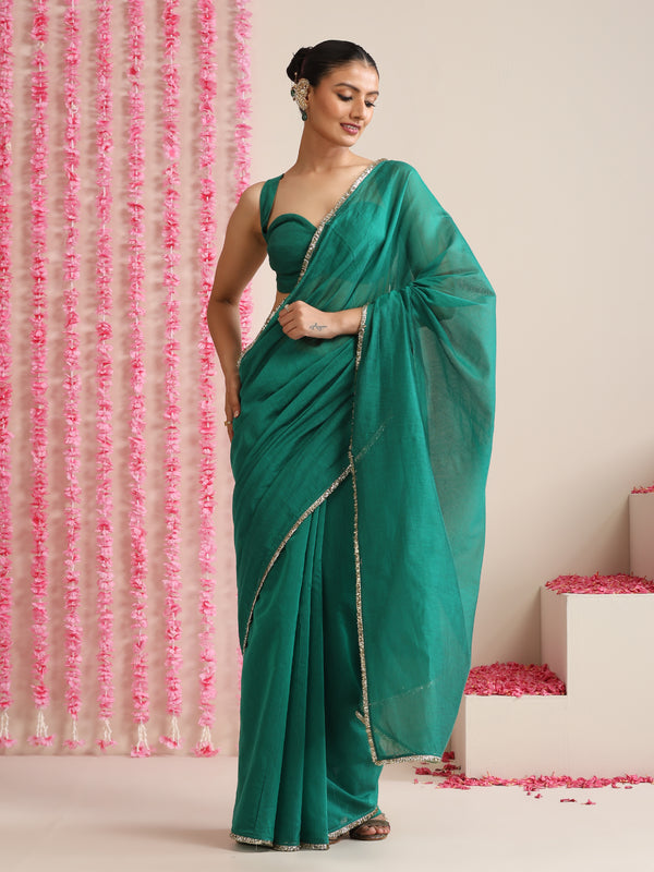 Green Cotton Chanderi Saree with Gold Border and Self Blouse Fabric