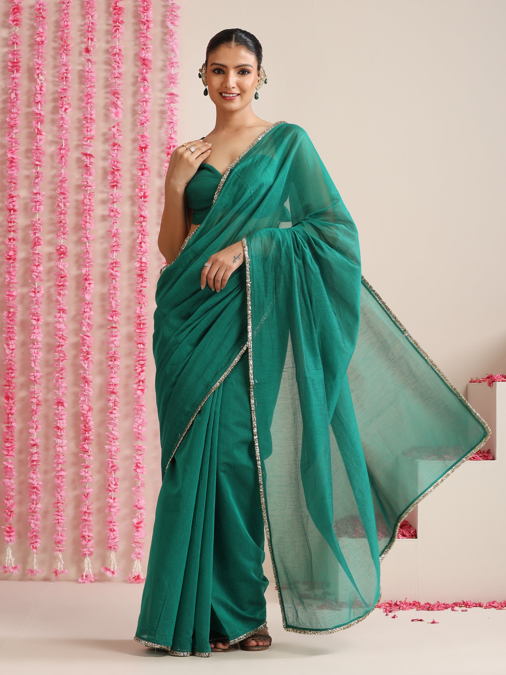 Green Cotton Chanderi Saree with Gold Border and Self Blouse Fabric