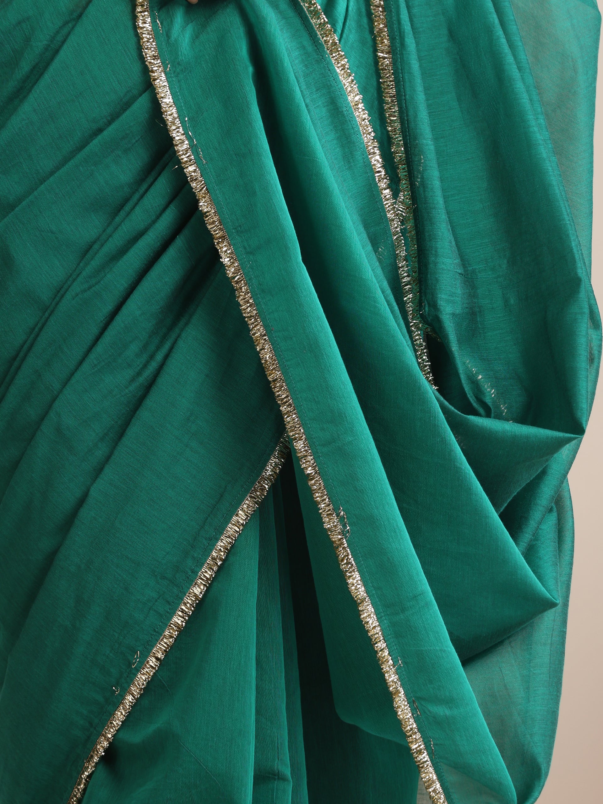Green Cotton Chanderi Saree with Gold Border and Self Blouse Fabric