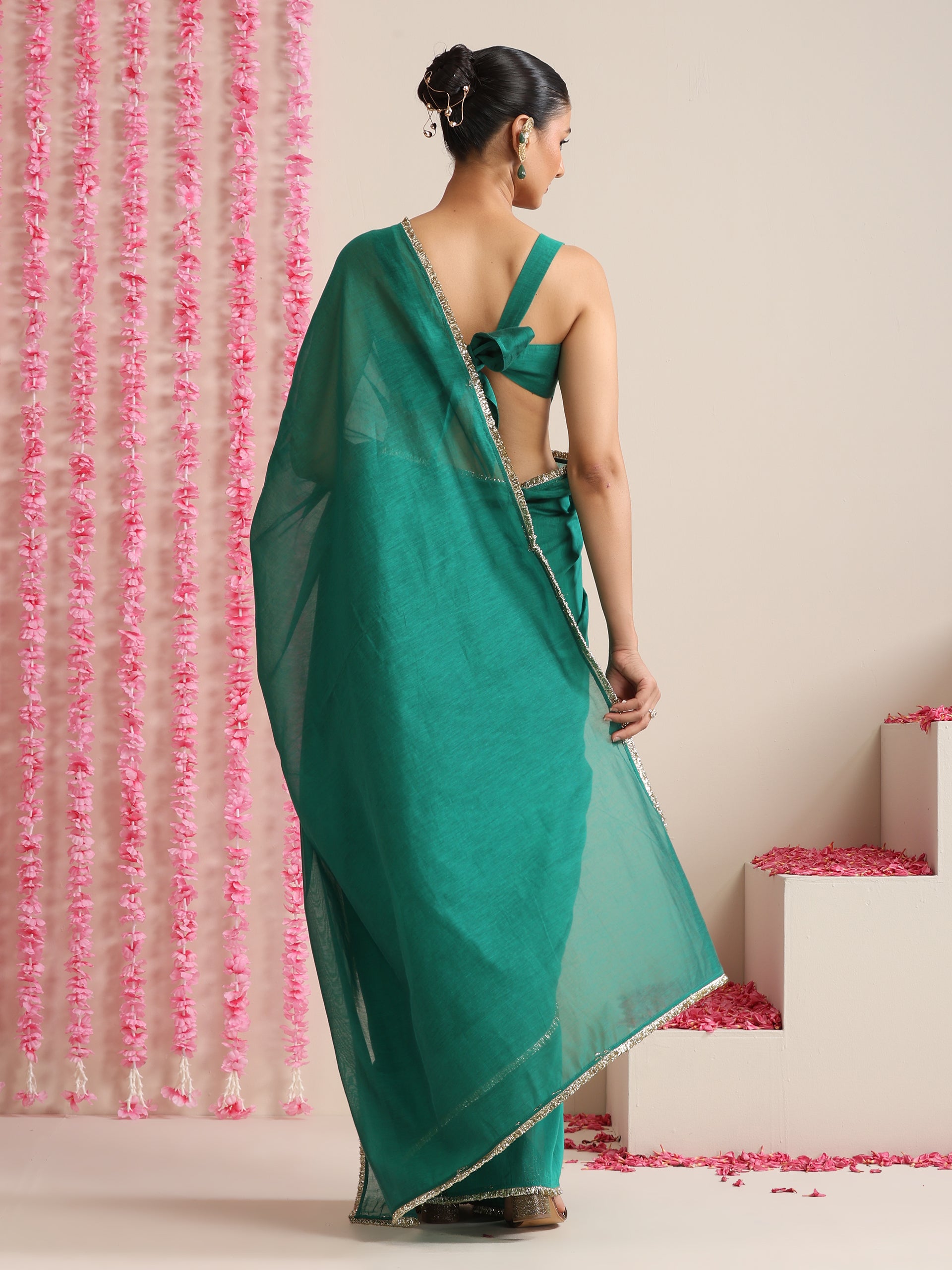 Green Cotton Chanderi Saree with Gold Border and Self Blouse Fabric