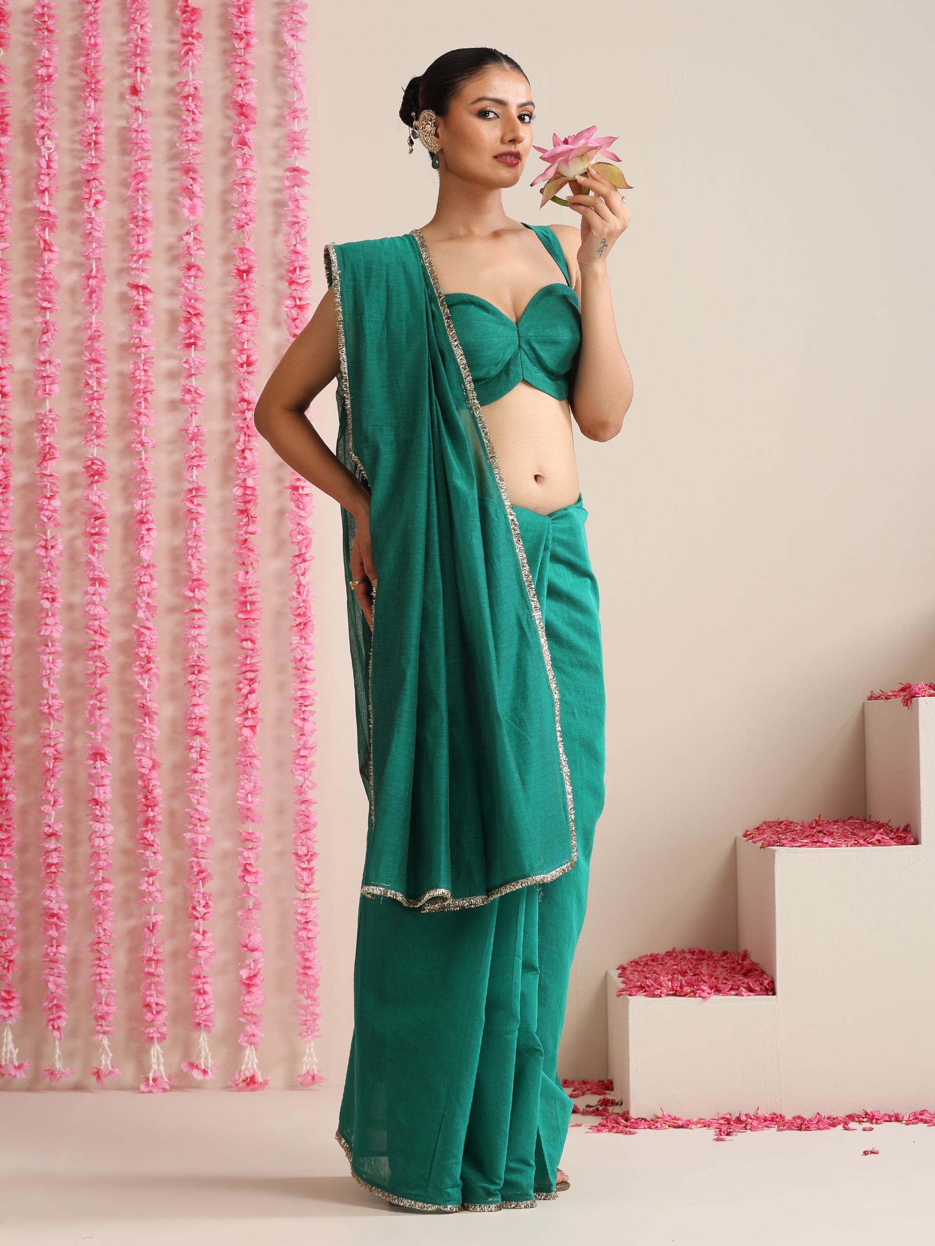 Green Cotton Chanderi Saree with Gold Border and Self Blouse Fabric