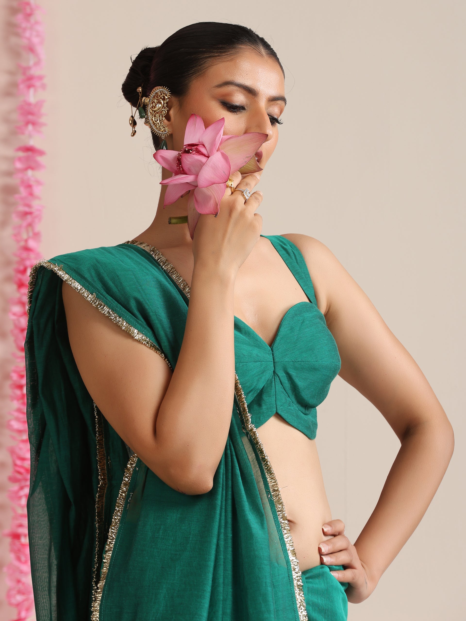 Green Cotton Chanderi Saree with Gold Border and Self Blouse Fabric
