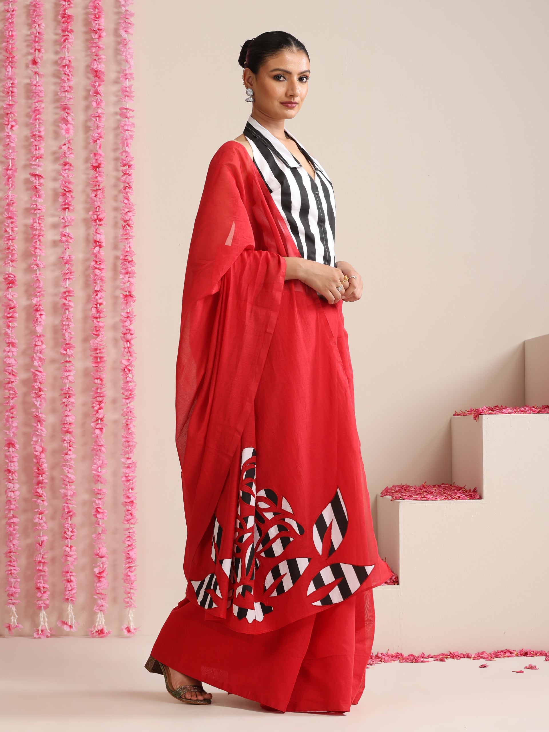 Red Cotton Chanderi Saree with Embroidery and Stripe Blouse Fabric