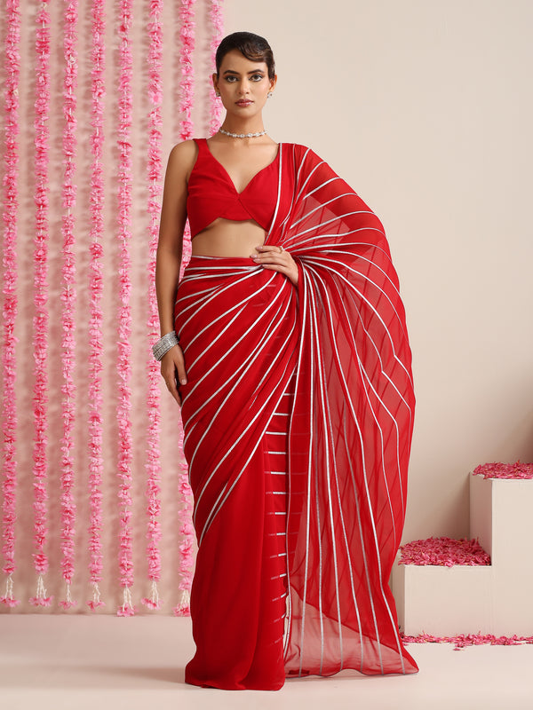Red & Silver Impression Georgette Saree with Blouse Fabric