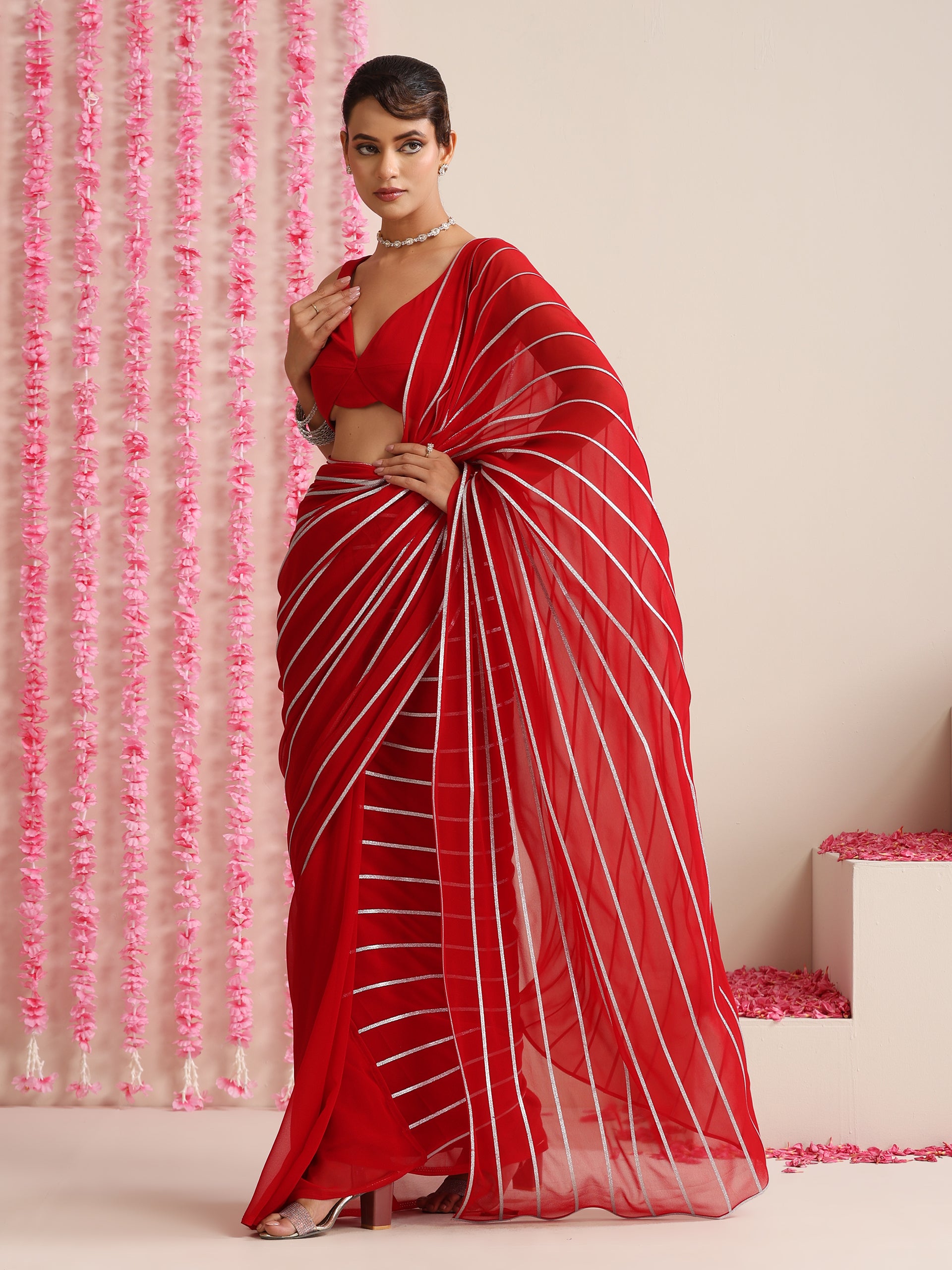 Red & Silver Impression Georgette Saree with Blouse Fabric