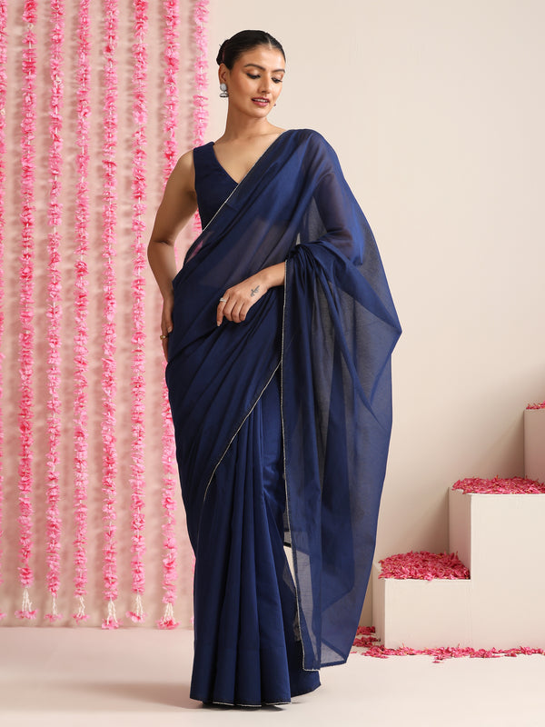 Deep Blue Cotton Chanderi Saree with Swarovski Style Border