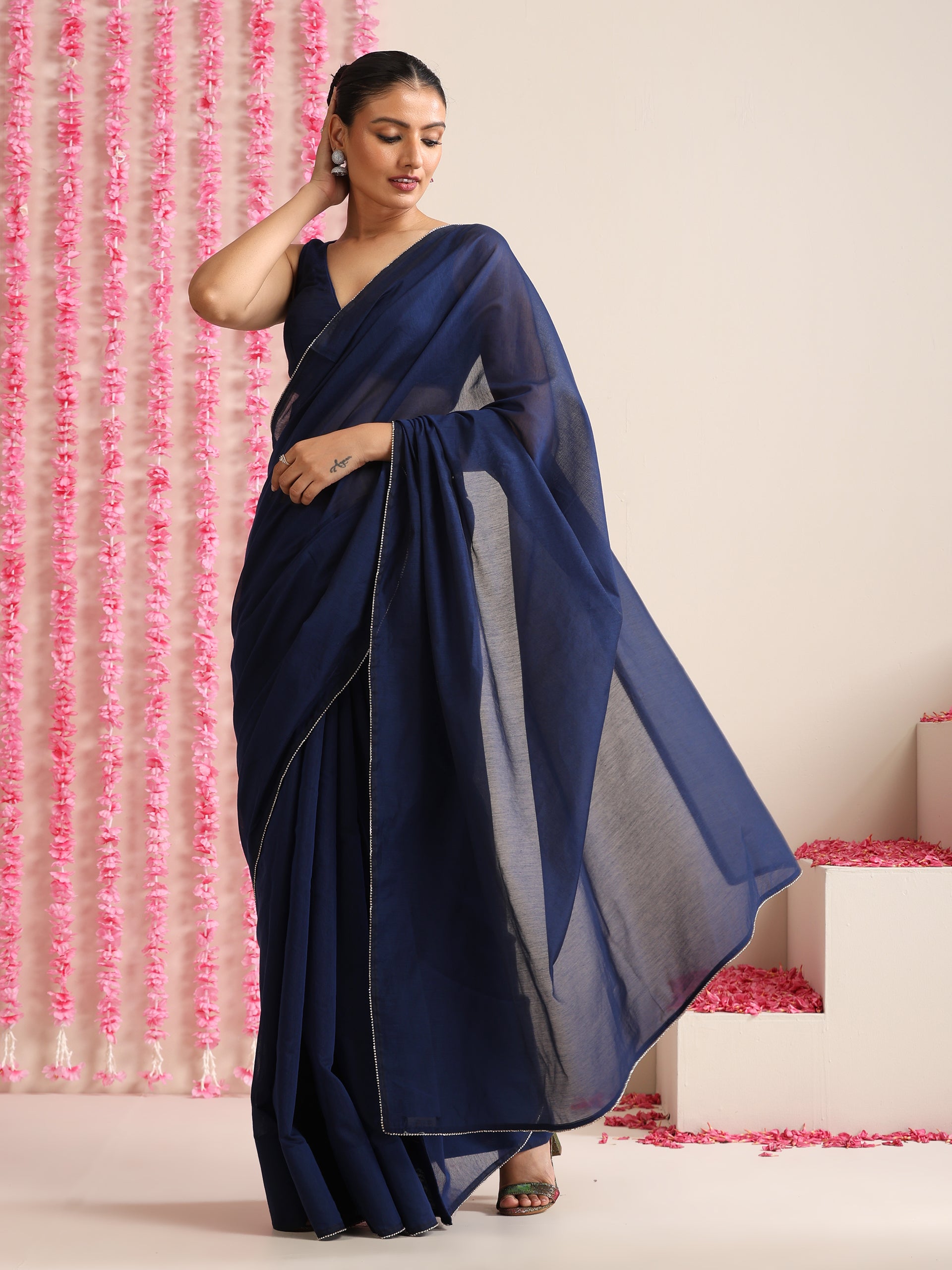 Deep Blue Cotton Chanderi Saree with Swarovski Style Border