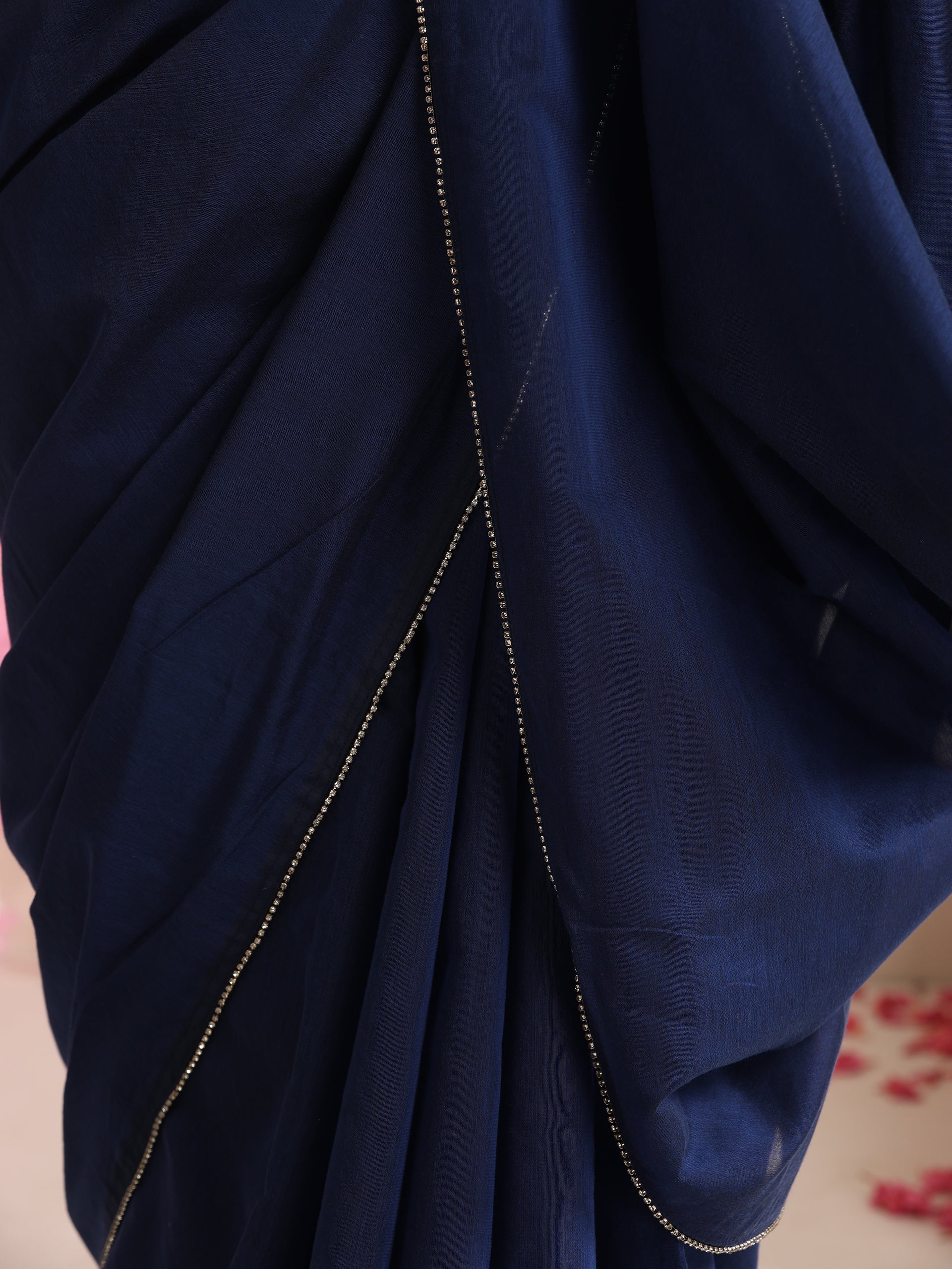 Deep Blue Cotton Chanderi Saree with Swarovski Style Border