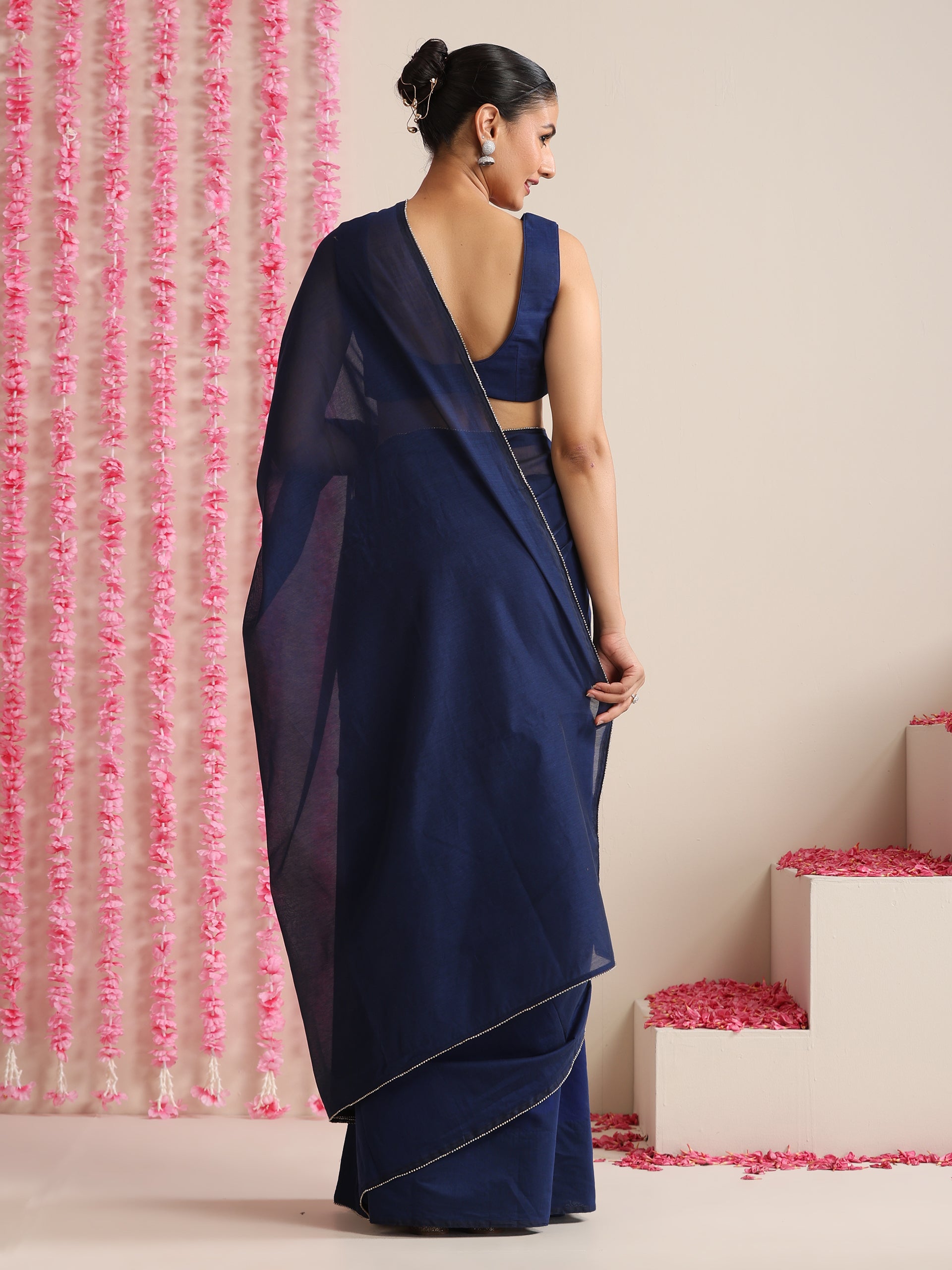 Deep Blue Cotton Chanderi Saree with Swarovski Style Border