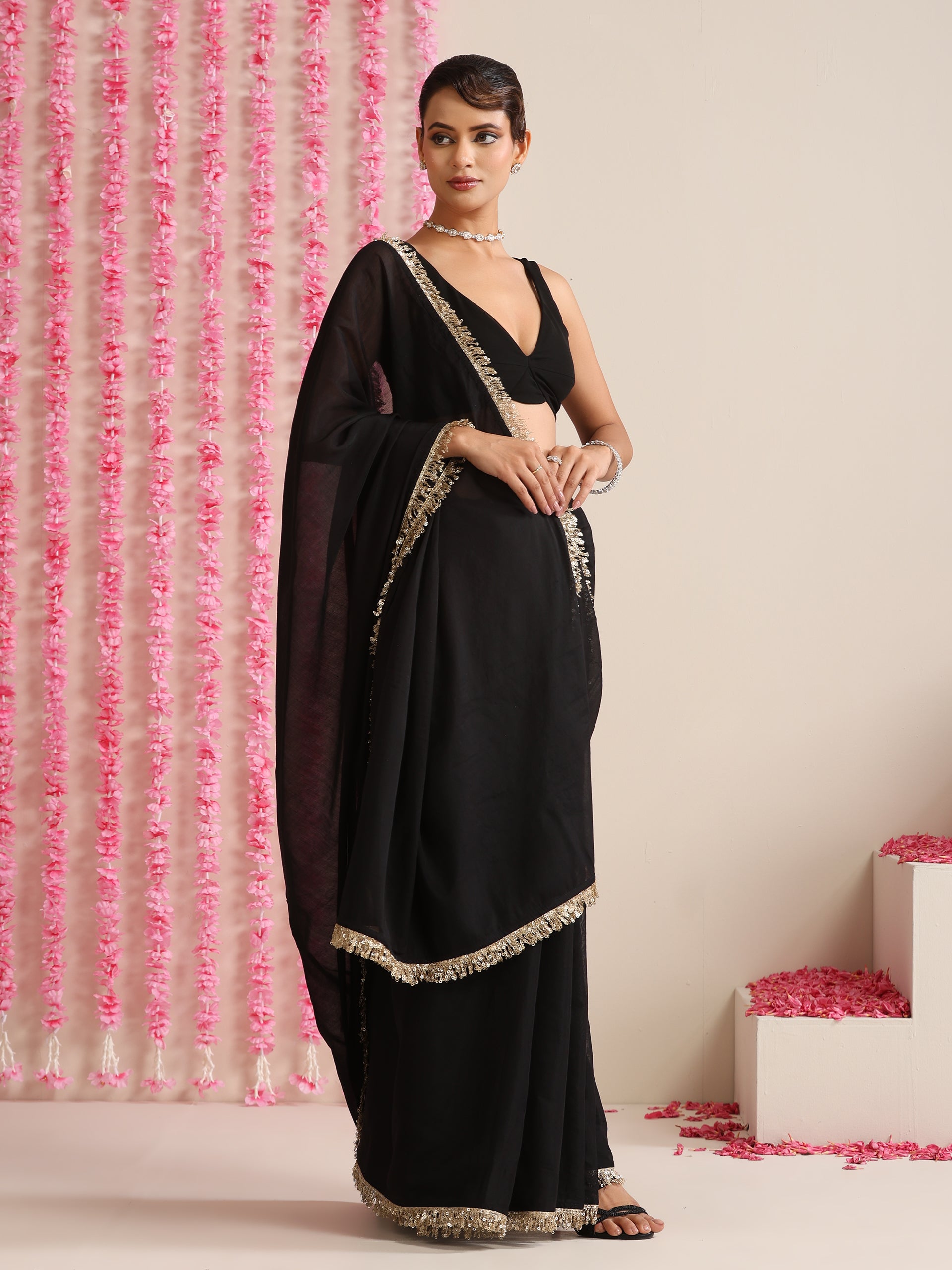 Black Cotton Chanderi Saree with Gold Border and Self Blouse Fabric