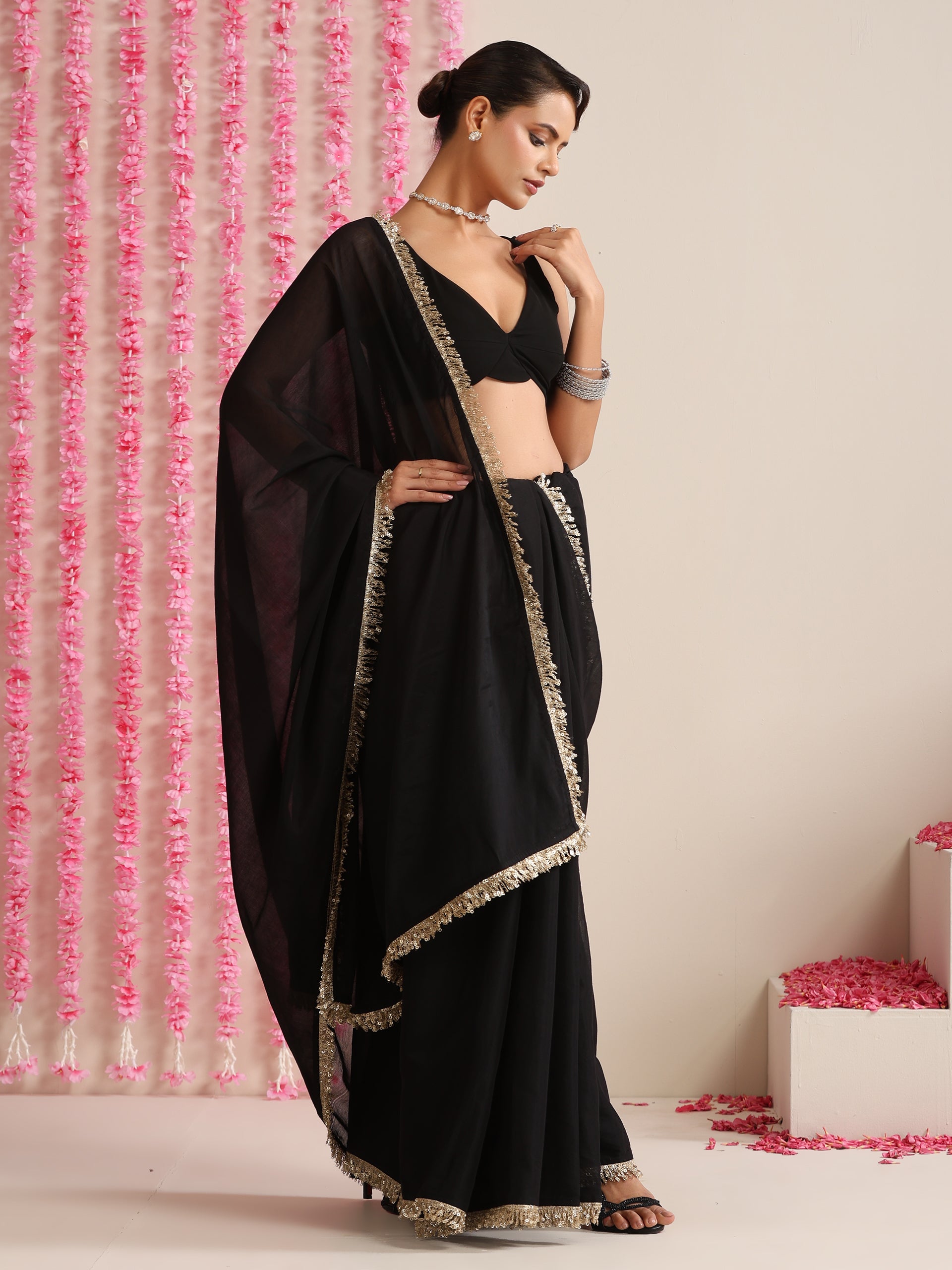 Black Cotton Chanderi Saree with Gold Border and Self Blouse Fabric