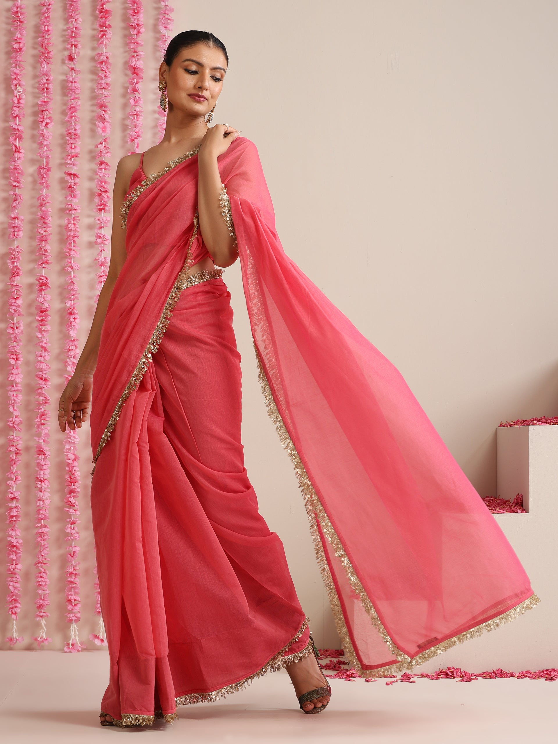 Pink Cotton Chanderi Saree with Gold Border