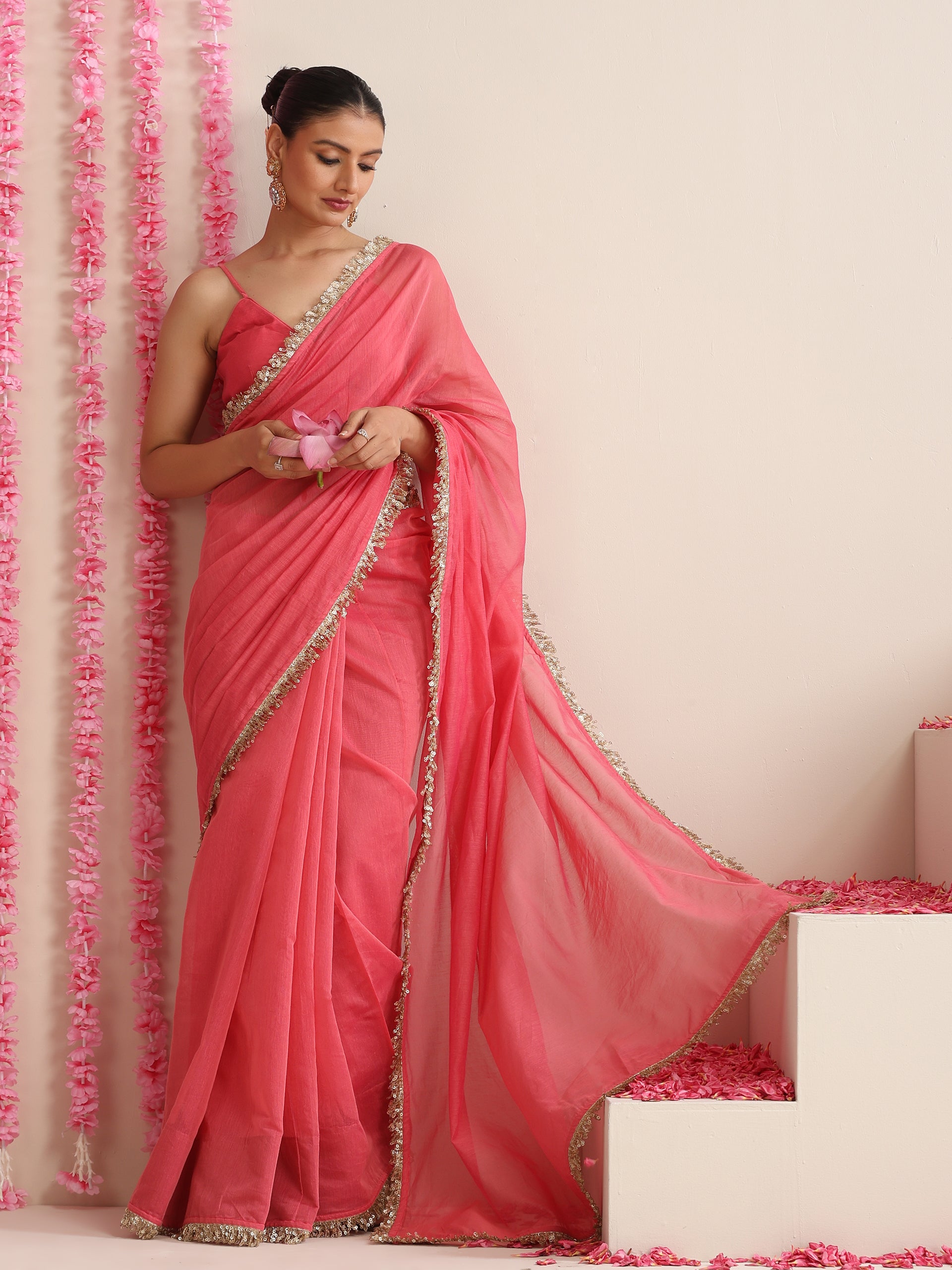 Pink Cotton Chanderi Saree with Gold Border
