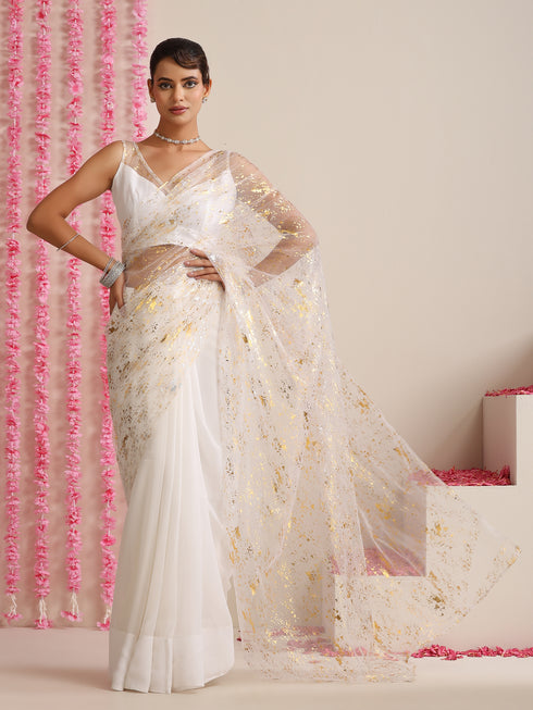 ✨🤍 White Georgette Saree with Gold Print and Blouse Fabric