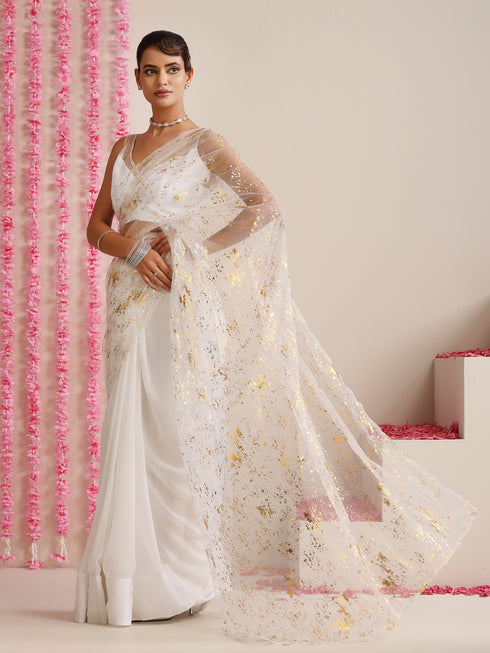✨🤍 White Georgette Saree with Gold Print and Blouse Fabric